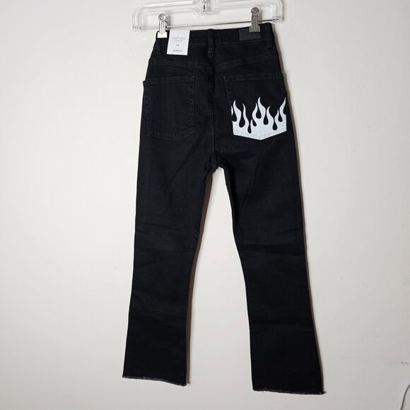 NWT Subdued Black Crop Flare Button Fly Raw Hem Front and Pocket White Flames 26 - Picture 9 of 12
